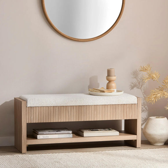 Fabric and Wood Storage Bench with Shelf