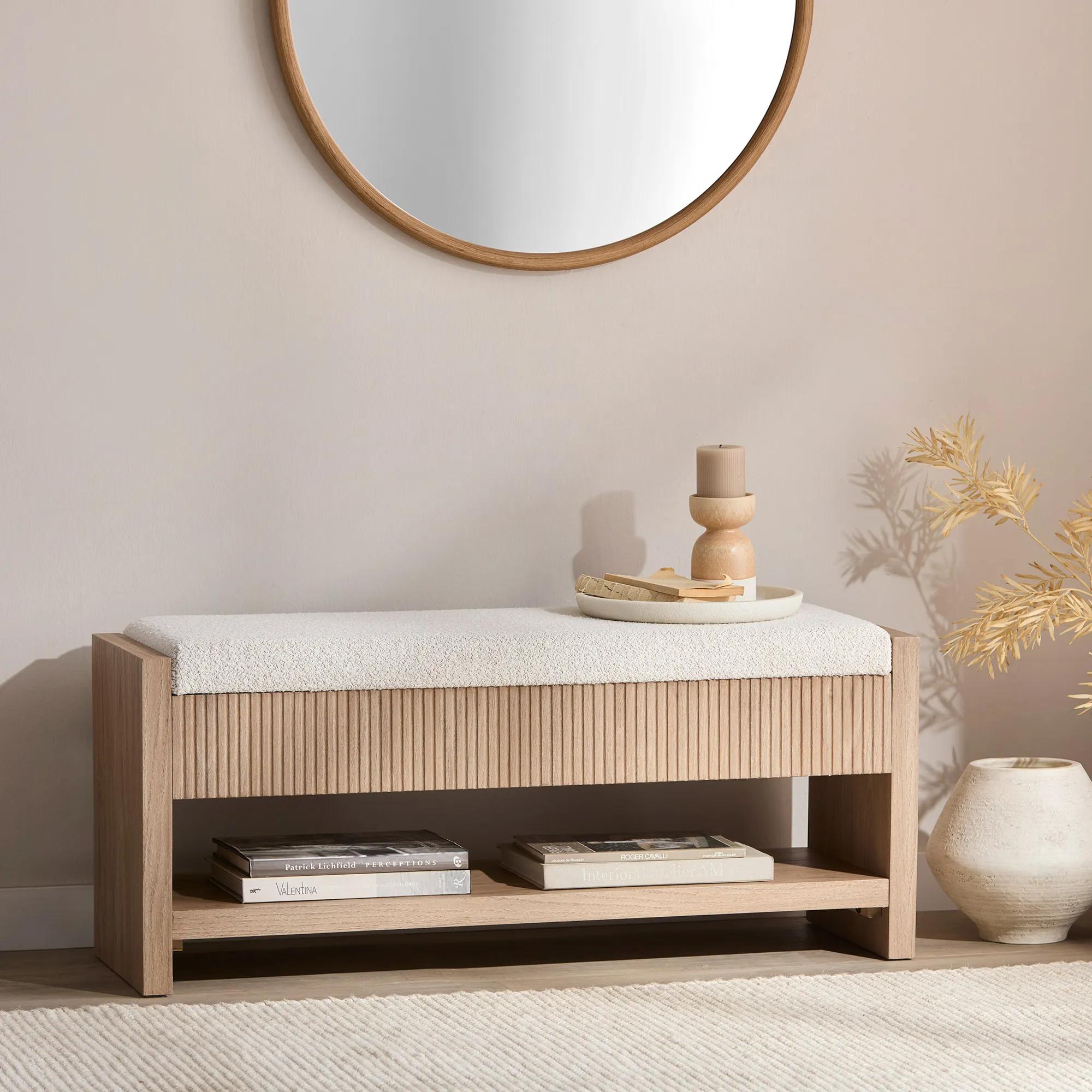 Fabric and Wood Storage Bench with Shelf