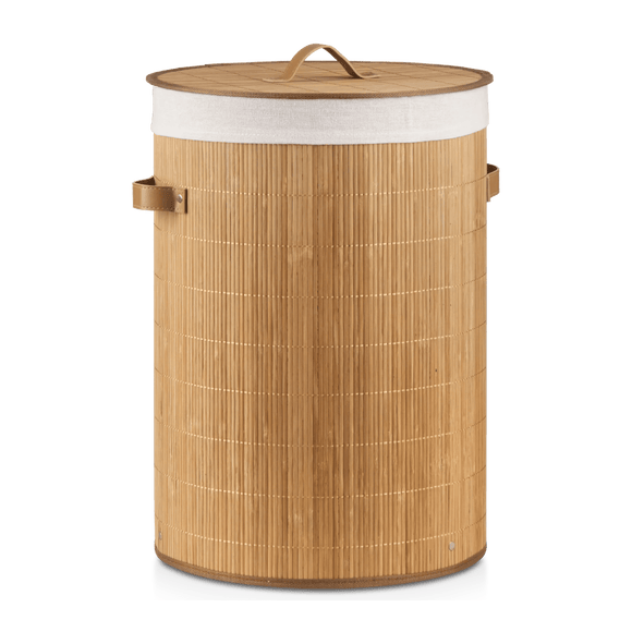 Round Bamboo Hamper with Lining and Faux Leather Handles